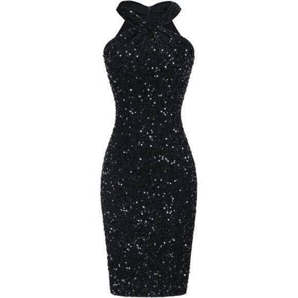 Womens Sequin Dress Sleeveless Sparkly Glitter Halter Black - Picture 1 of 4